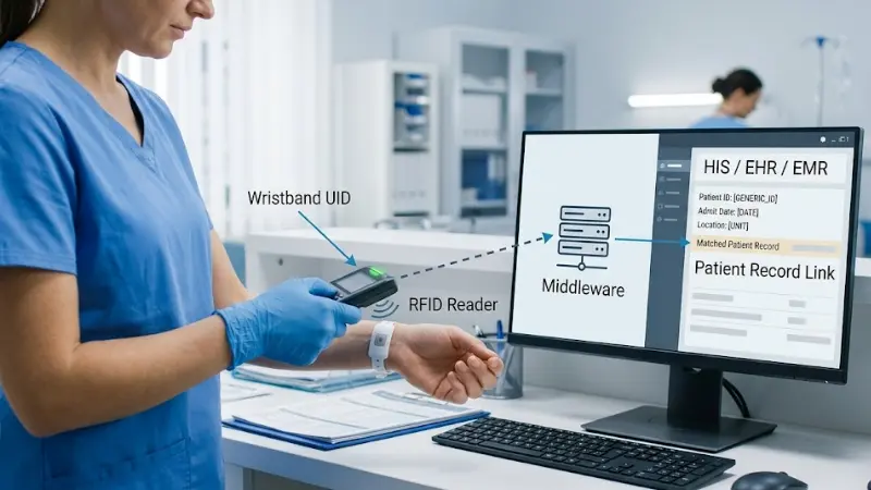 RFID patient wristband system workflow from wristband UID to reader middleware and hospital record RFID patient wristband system workflow from wristband UID to reader middleware and hospital record