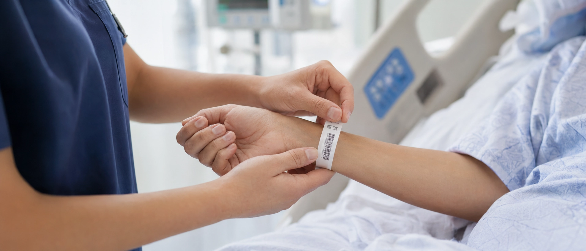 Healthcare provider inspecting a patient hospital ID band on a patient wrist to ensure proper fit and patient safety compliance Healthcare provider inspecting a patient hospital ID band on a patient wrist to ensure proper fit and patient safety compliance